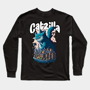 Catzilla Unleashed Funny Cartoon-Style Feline Long Sleeve T-Shirt